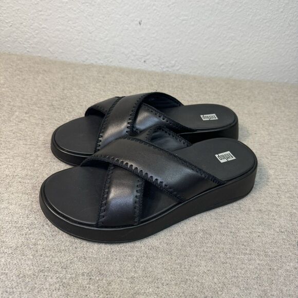 FitFlop Sandals Women 10 Black F Mode Crochet Trim Platform Slides Walk Comfort - Picture 2 of 8